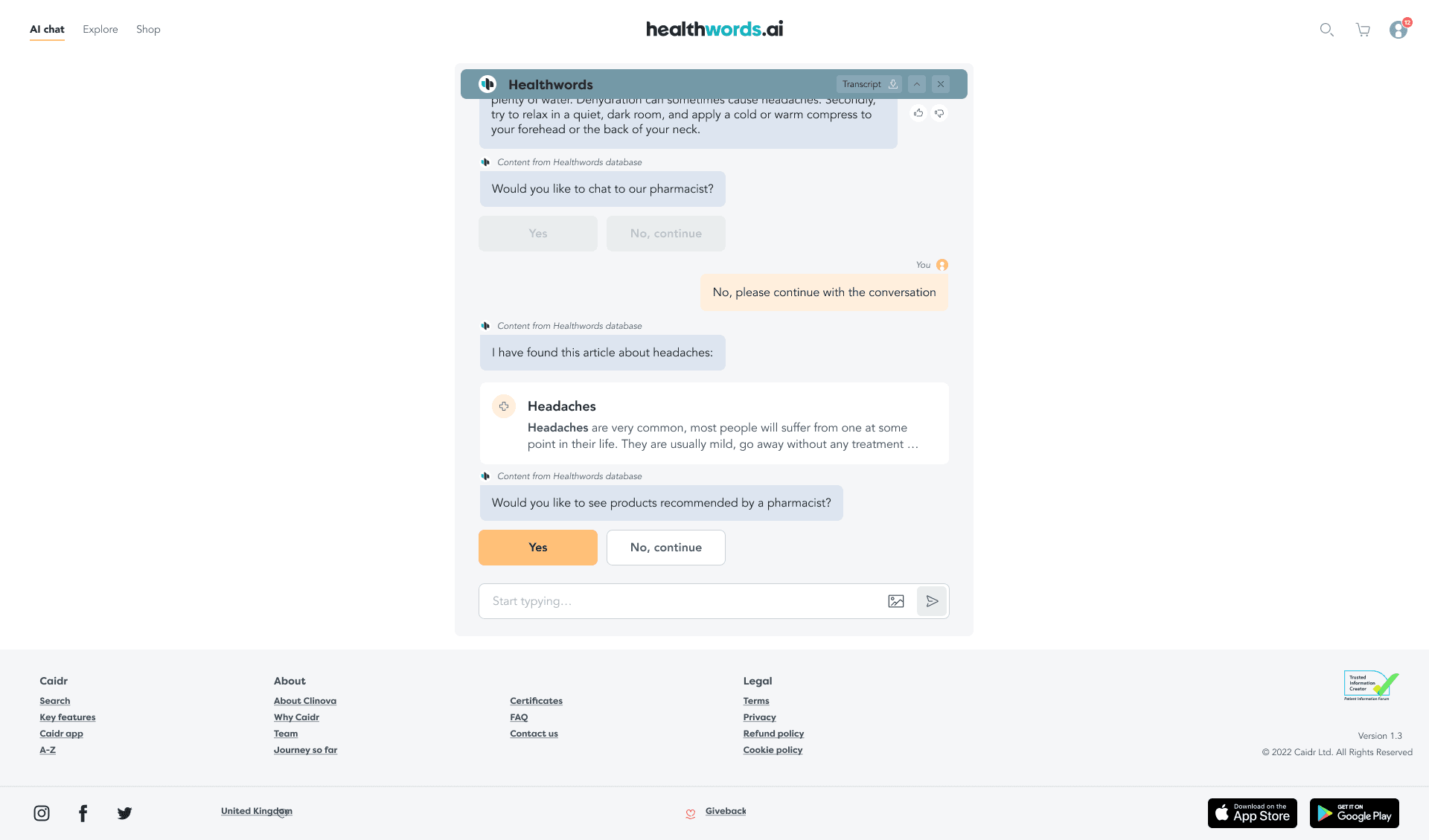 HealthWords answer connected to approved content and next actions