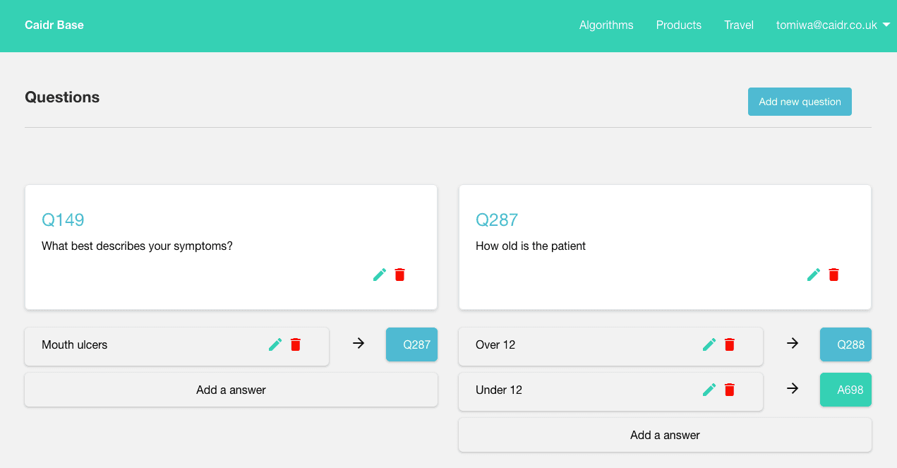 HealthWords clinical authoring interface connecting patient answers to subsequent questions and assessments