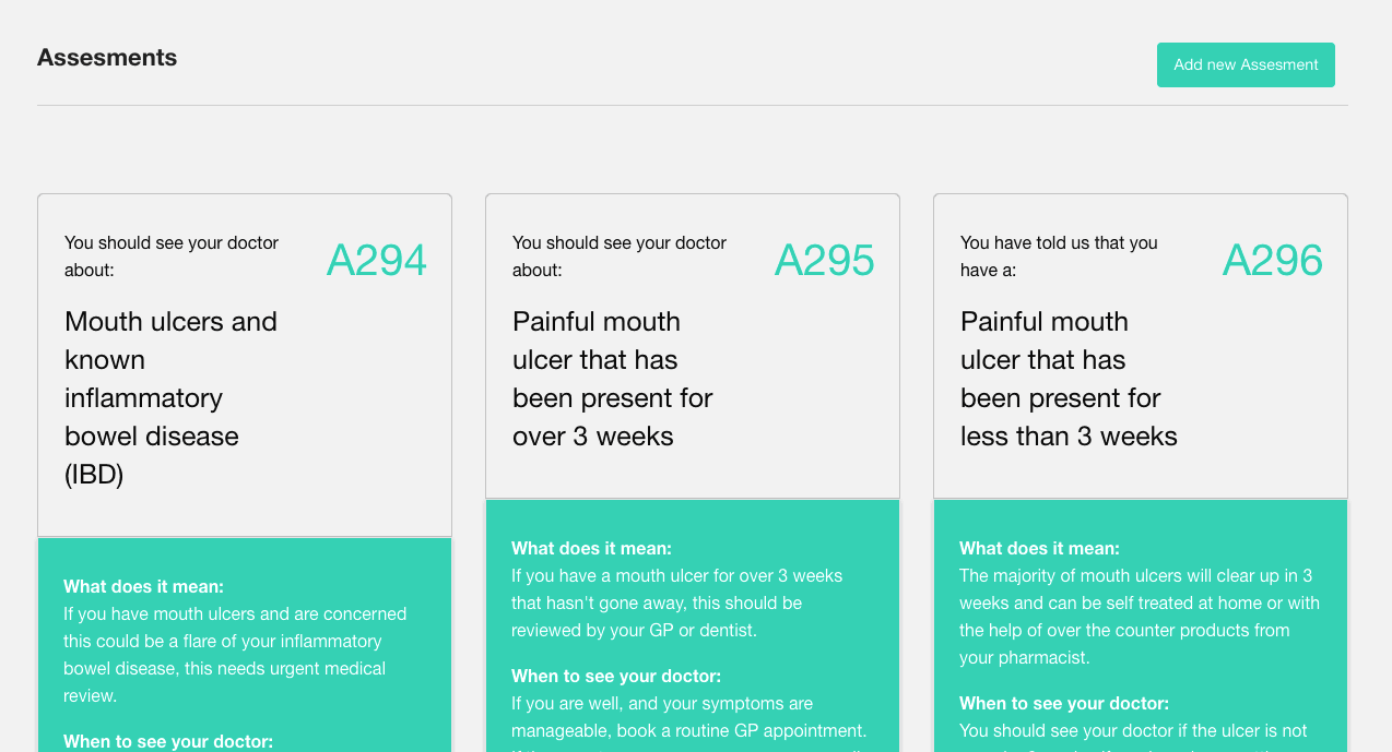 HealthWords clinician-authored assessments linking symptom routes to reviewed patient guidance