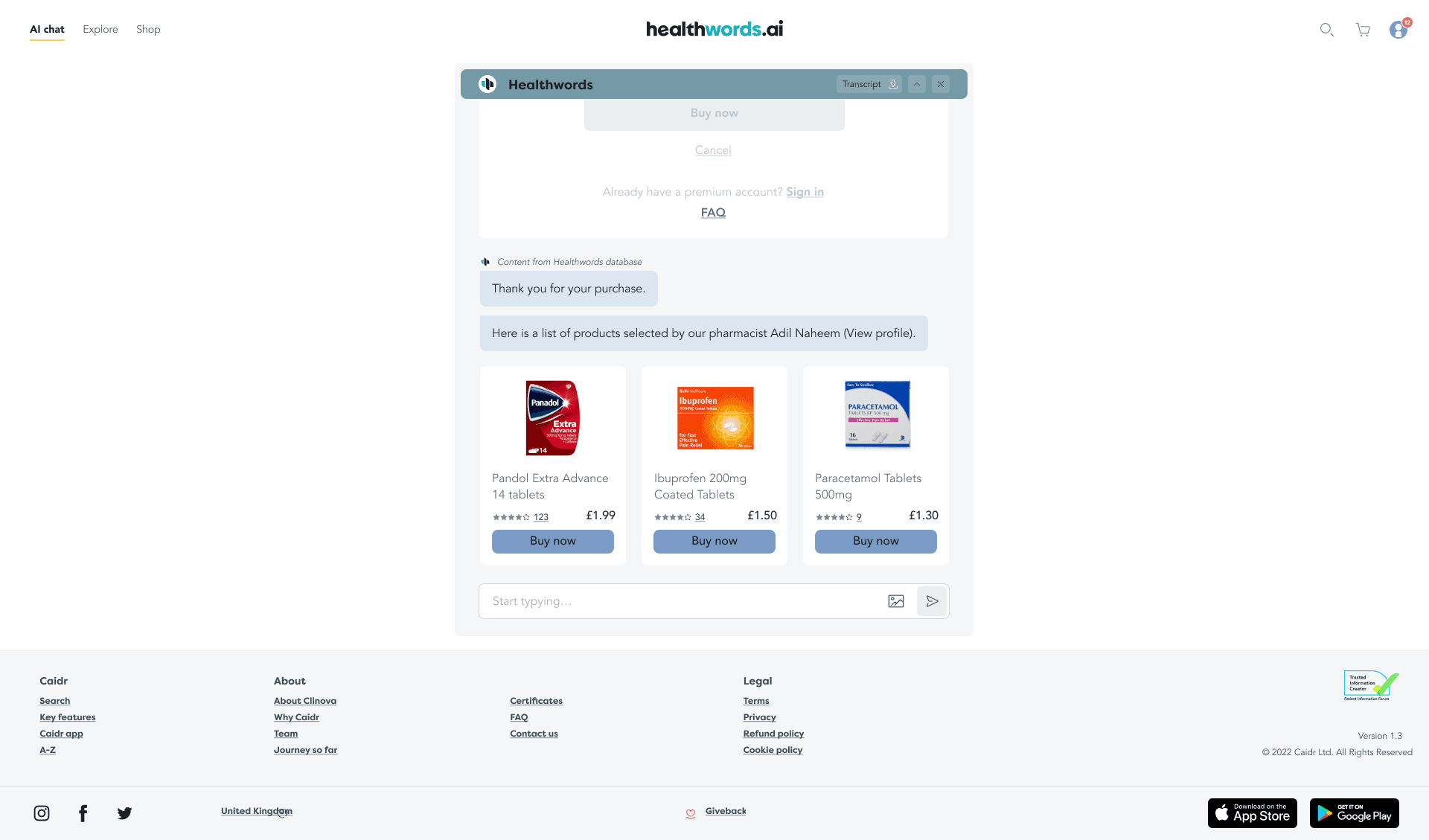 HealthWords conversation showing over-the-counter products selected by a pharmacist